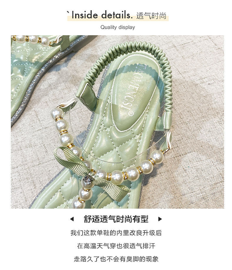 Dép sandal nữ quai ngang đính ngọc trai và đá lấp lánh, đế bệt mũi tròn — Màu mơ, Màu đen chi tiết 8