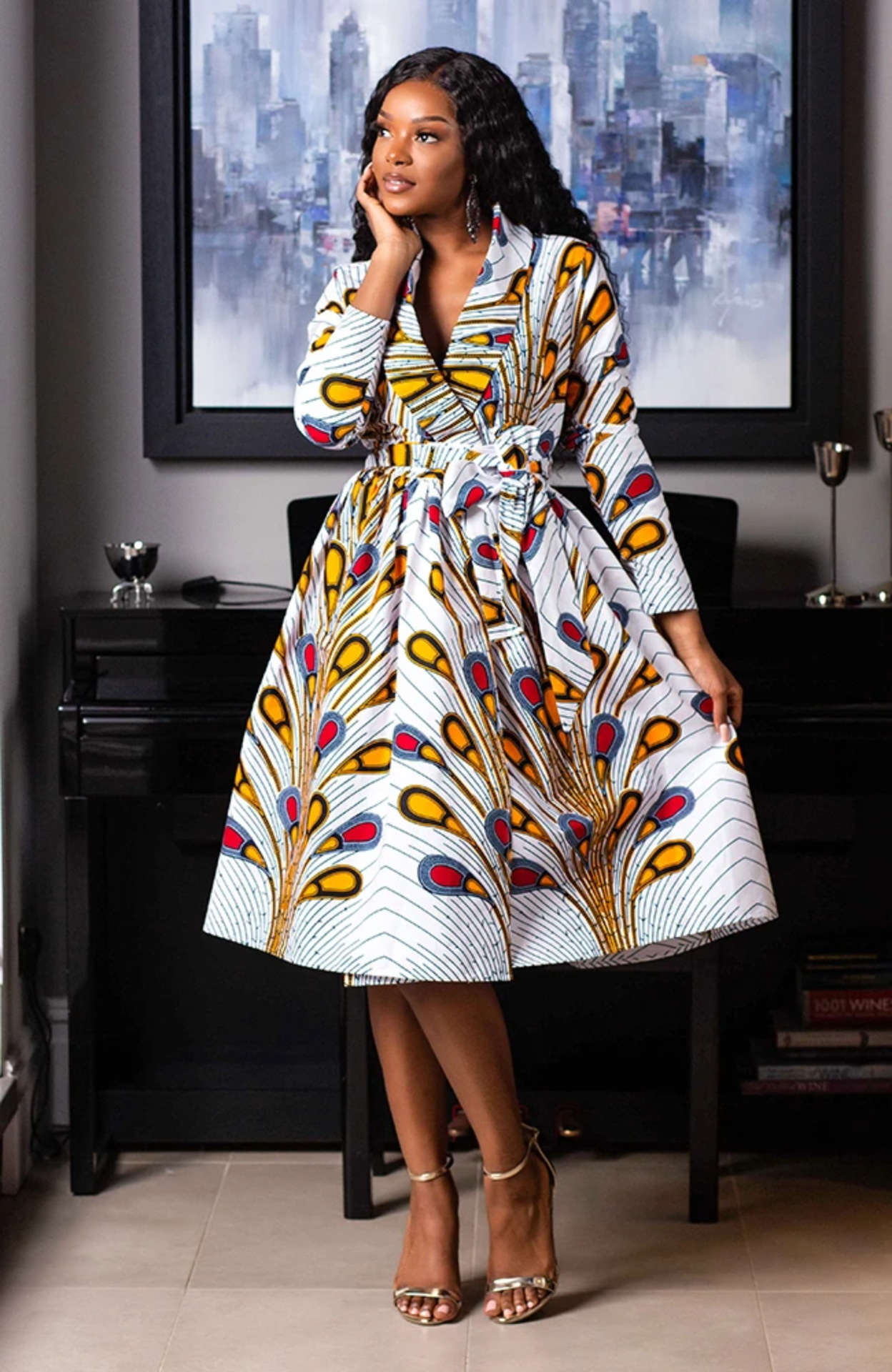 Printing V-Neck Long-Sleeved Dress NSMDF67641