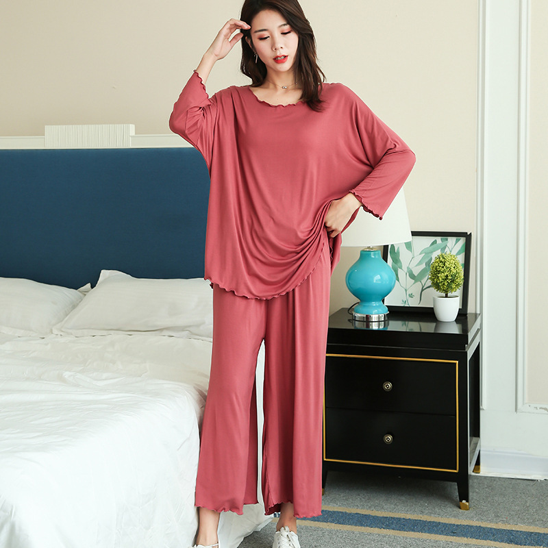 2020 Spring Big Size Home Clothes Set Women's Spring New 200 Pounds Loose Pajamas Two-Piece Set Nine-Point Wide-Legged Pants