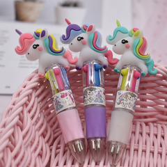 Korean cartoon ballpoint pen, mini four-color pen cap unicorn silicone head mini 4-color ballpoint pen