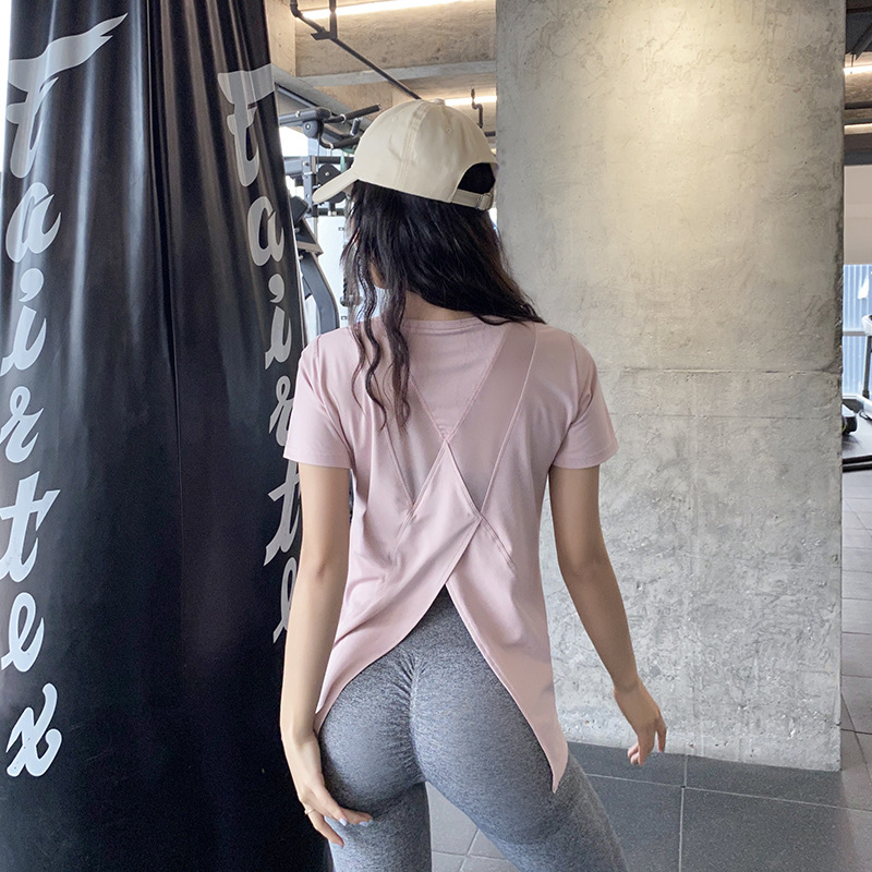 宽松速干T恤女性感显瘦后开叉运动上衣跑步健身短袖网红瑜伽服