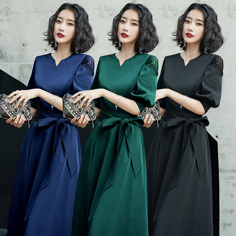 Vestido de noche negro para mujer, elegante, de longitud media, simple y elegante, vestido se puede usar más tamaño en tiempos ordinarios