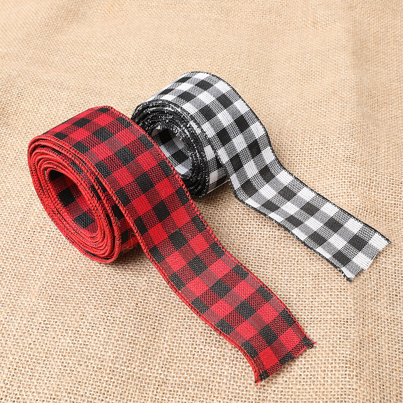 2020新款圣诞节黑红格子织带麻布印花圣诞树装饰品跨境热卖