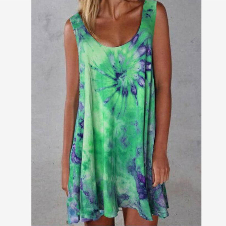 Round Neck Sleeveless Tie-Dye Printed Dress NSLZ72634