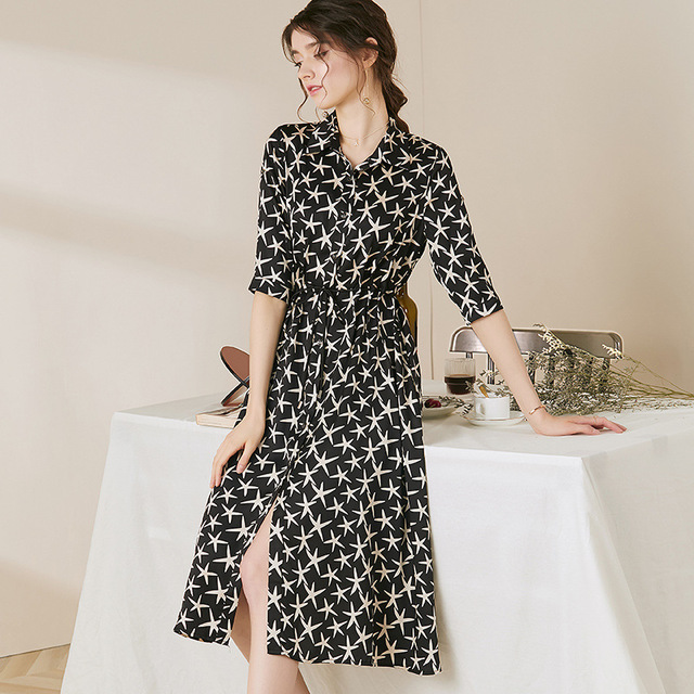 French retro close waist Lapel Star Print Shirt Dress