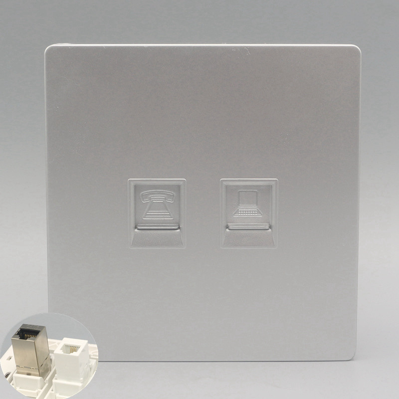 86型1网1电二位电脑千兆网络面板银色直通头六类屏蔽网线电话插座