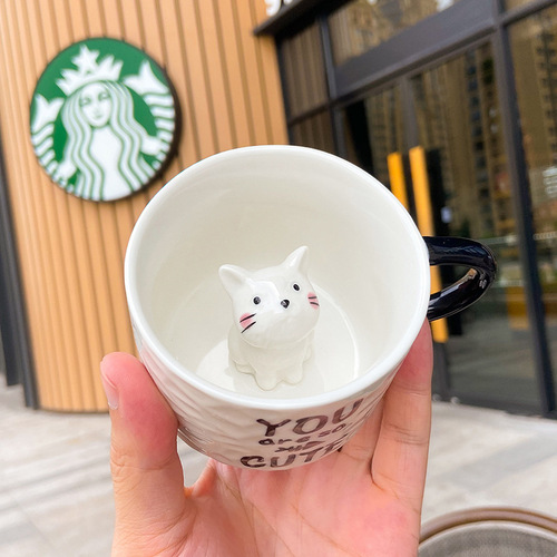 创意卡通浮雕陶瓷杯小动物马克杯杯内猫咪咖啡杯带杯碟家用牛奶杯