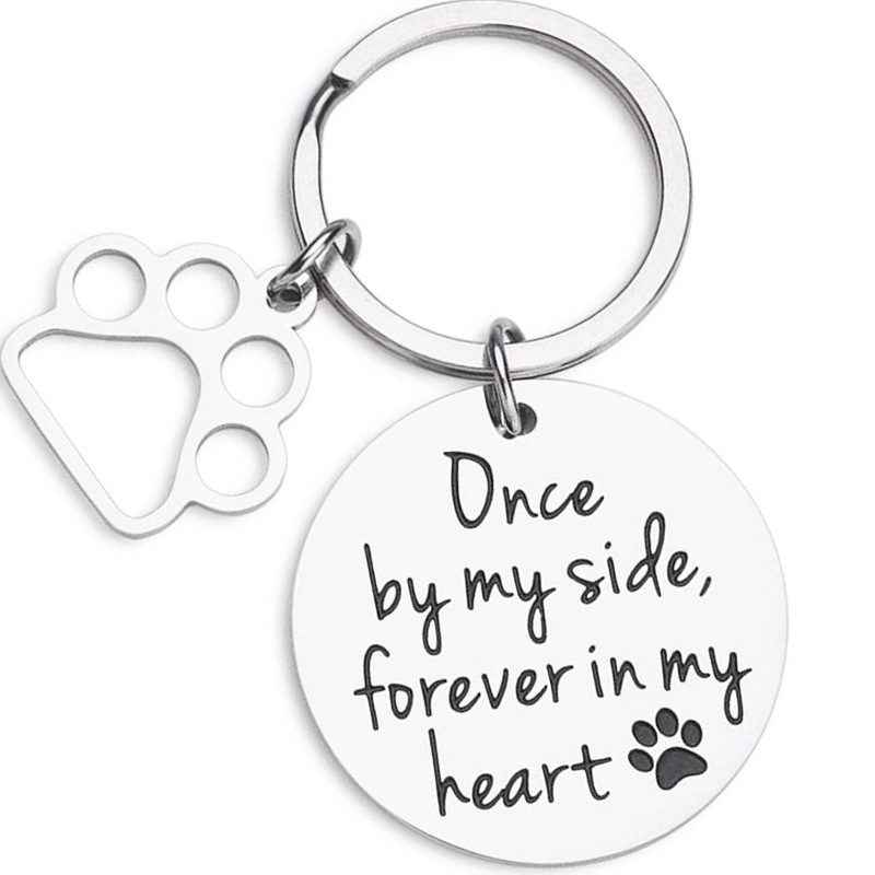 Amazon hot sale Once by my side pet memorial stainless steel keychain lettering dog footprints pendant