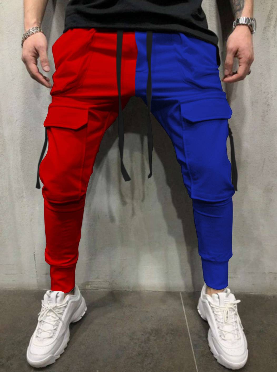 2023 Cross-Border Spring and Autumn Men's Casual Sports Multi-Pocket Cargo Pants Color-Blocking Fitness Running Spliced Drawstring Long Pants