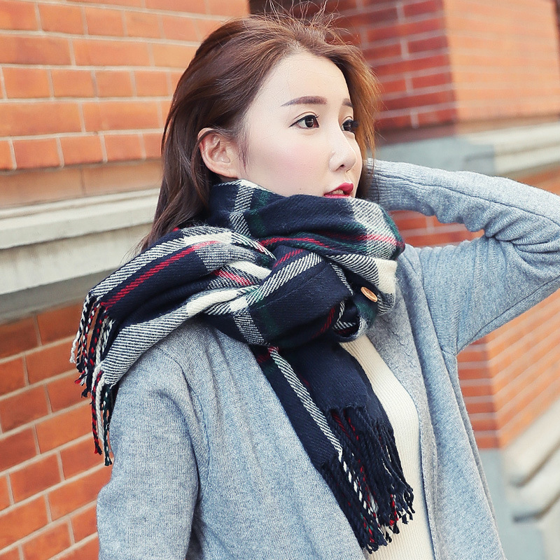 学生纽扣格子双面披肩-1