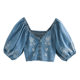 W06 European and American style women's French puff sleeves embroidered denim crop top 01821027406