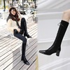 Thick heel high heel metal square head suede stitching cross lace up high boots