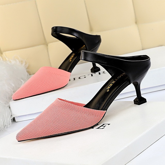 Korean fashion daily Baotou slippers high heel hollow out one word with light mouth sharp head and color match