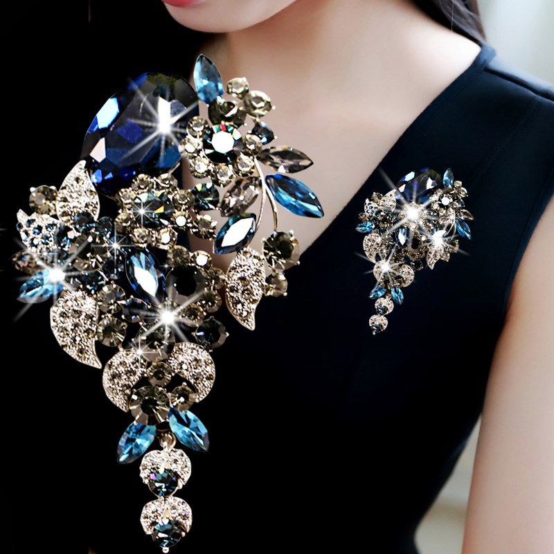 New Luxury Jewelry Blue Crystal Brooch Pins for Women Fashion Dinner Dress Corsage Brooch Elegant Clothing Accessories Brooches