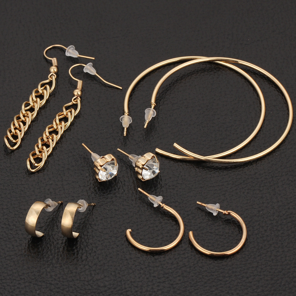 Ej068 Europäischer Und Amerikanischer Grenz Überschreiten Der Neuer Stil Kreis Diamant Quaste Ohrring Set 4 Paar Kreative Gold Legierung Metall Ohrringe display picture 3