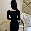 Low chest slim fit slit Ruffle hem hip skirt bottom skirt long sleeve dress