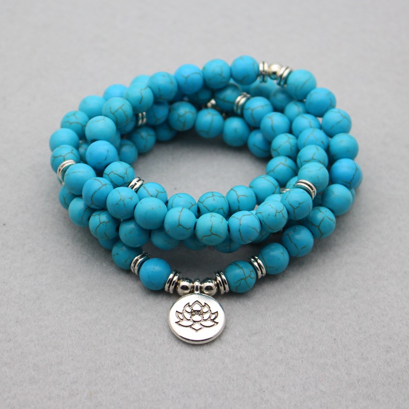 Blue Beads 108 Buddha Beads Lotus Pendant Buddhist Necklace Buddha OM Pendant Bracelet