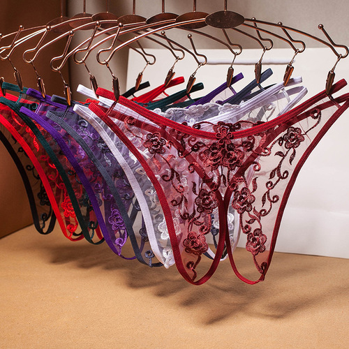 Japanese sexy embroidered underwear for women, hollow see-through mesh, hot and tempting thong, open position, no need to take off t-pants 2235