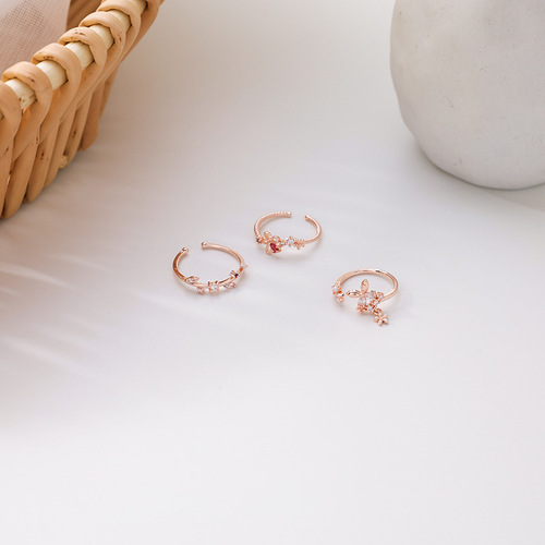 Korean version of the new micro-paved zircon small flower ring forest style sweet and elegant temperament open ring popular jewelry