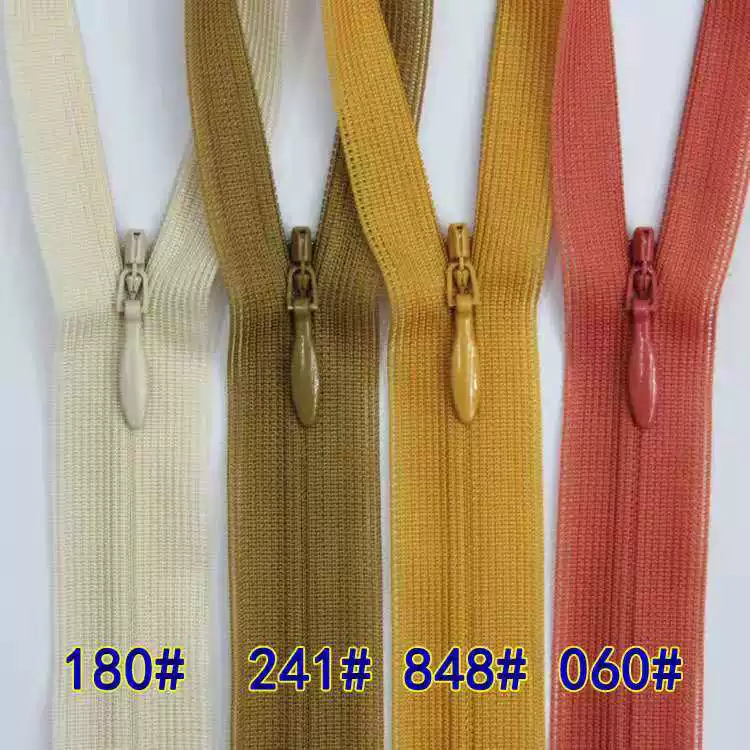 ซิปเส้นใยซ่อนเรียบ YKK สีเบจ สีเหลืองมัสตาร์ดเข้ม สีขมิ้น สีแดง ขนาด 25–60 เซนติเมตร สำหรับชุดเดรสและกระโปรงฤดูร้อน