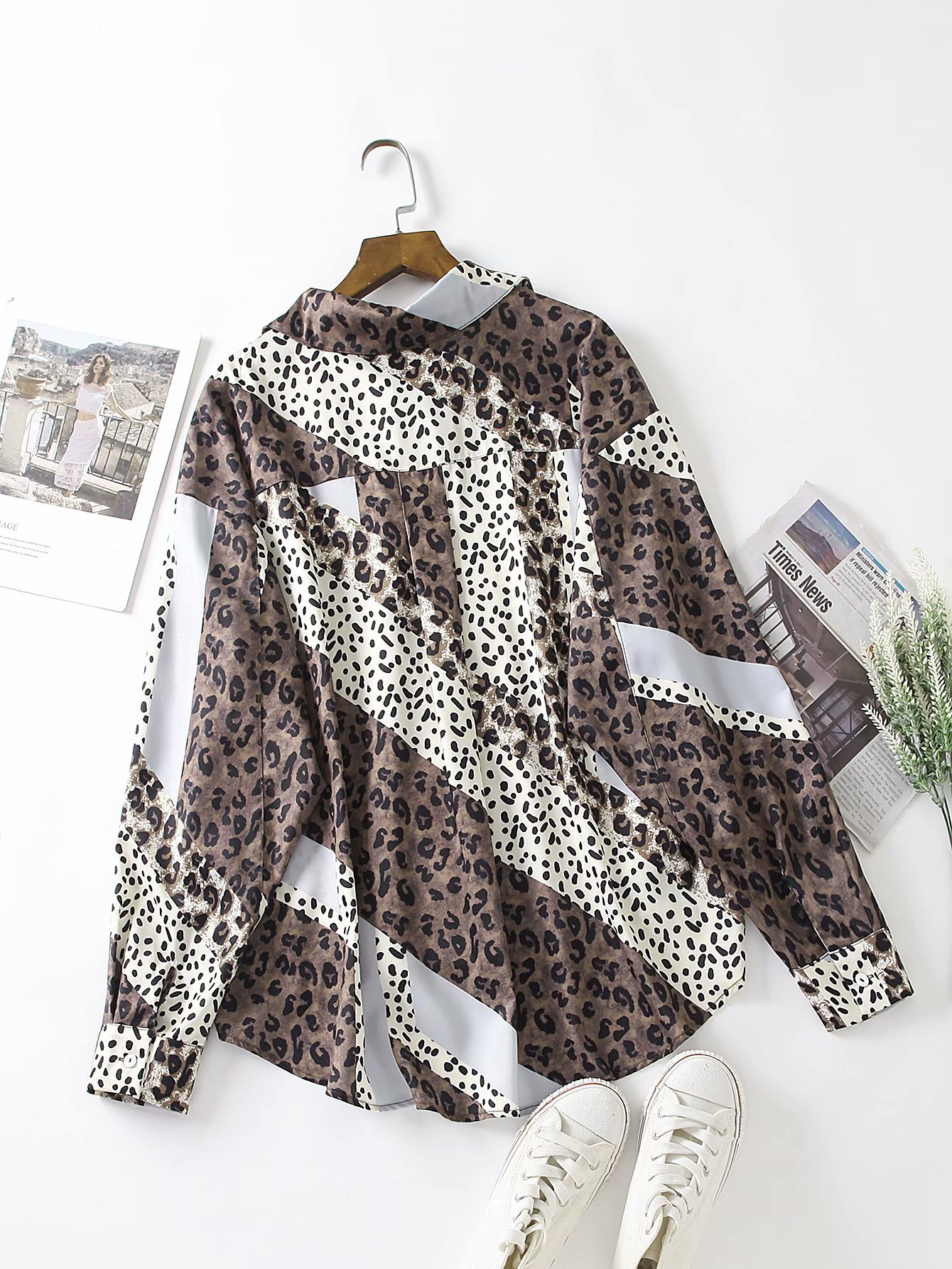  leopard print contrast stitching loose blouse NSAM6975