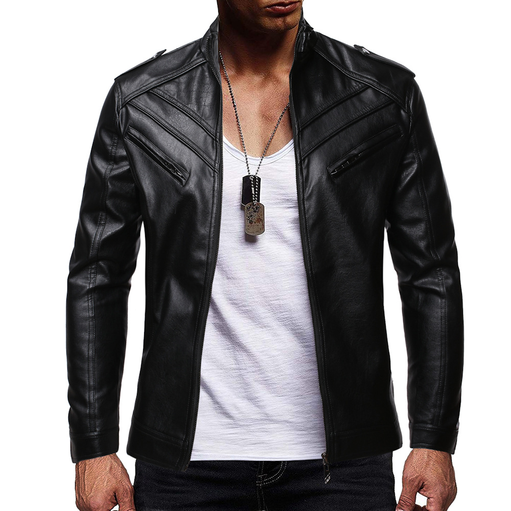 European And American Color Stitching Stand-up Collar Casual Leather Jacket