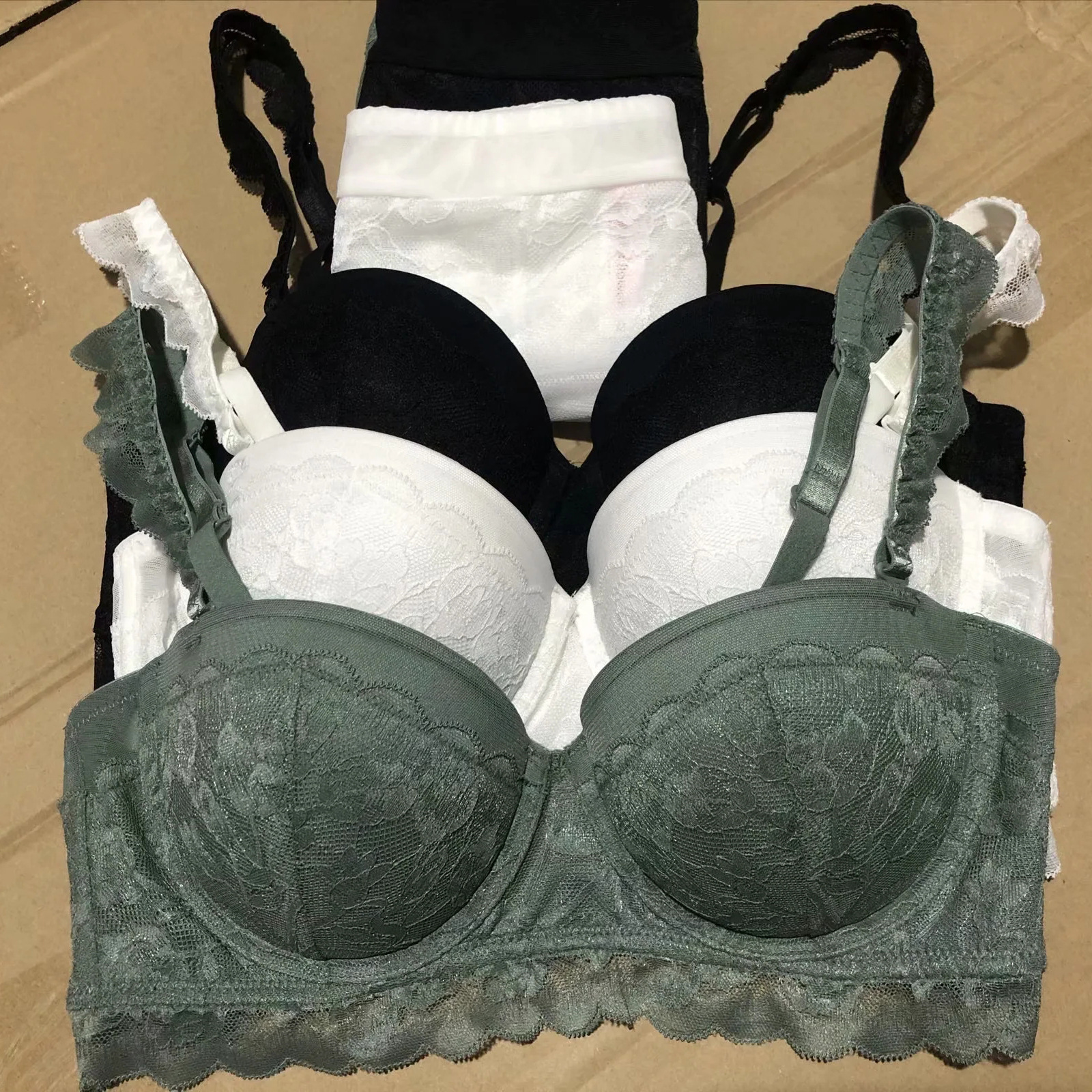 New Sexy Lace Overlay Half Cup Gathering Women's Bra Set Wedding Off the Shoulder Underwear_voghion.com