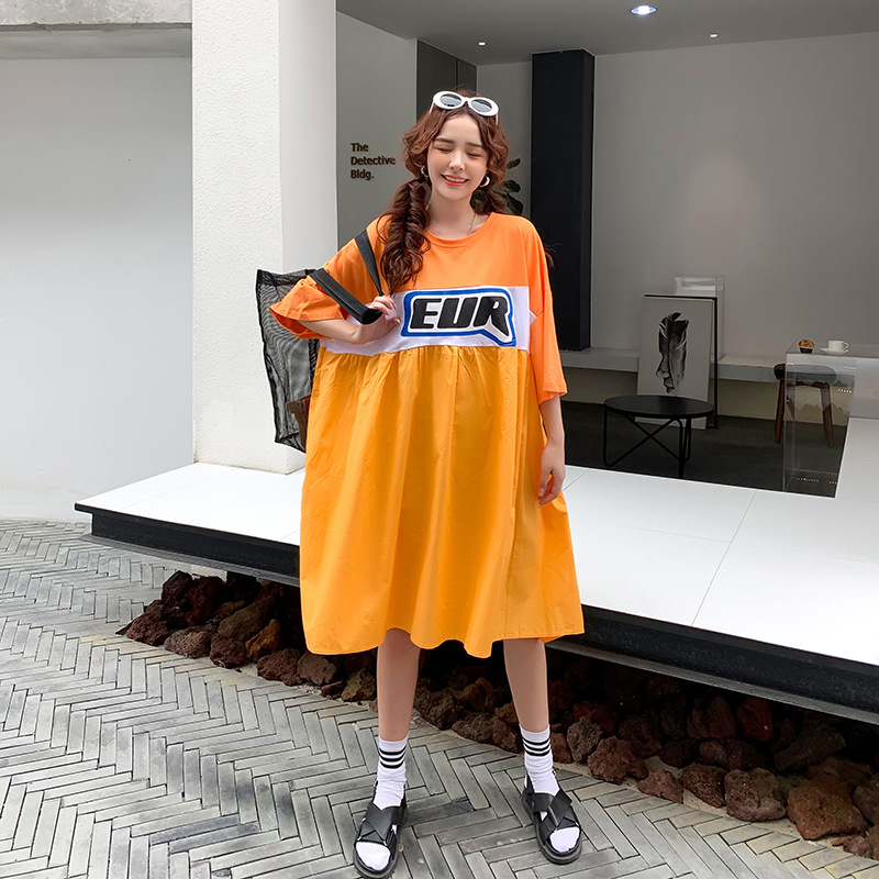 韩版大码女装三色拼接200斤胖MM娃娃衫时尚2021夏新款中长款棉T恤|ru