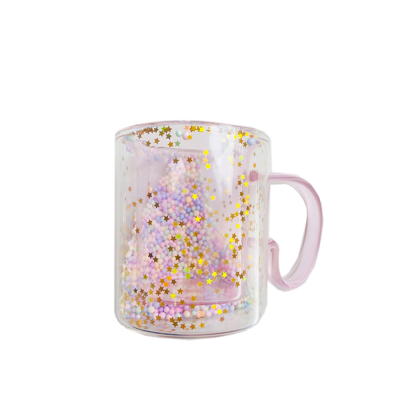 Korean ins Girl Heart Kawaii  Bubble Star Sky Cup Star Sequin Double Wall Glass Coffee Cup Handle Heat Resistant Milk Cup_voghion.com