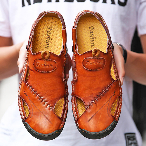 Cross-border men's summer new plus-size hand-stitched sandal beach shoes foreign trade two-way cap-toe flip-flops