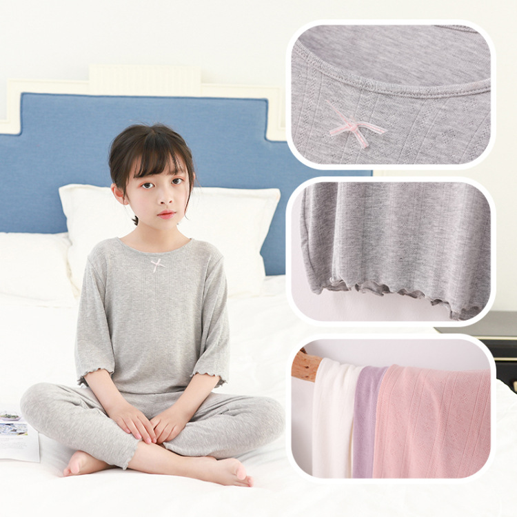 2020夏季女童長袖睡衣套裝菱形豎條蝴蝶結裝飾二件套木耳邊家居服