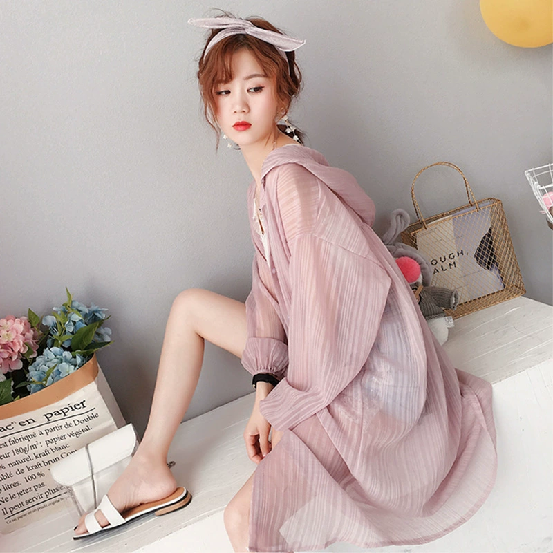 Солнцезащитная одежда, ультратонкий ледяной шелк, женская одежда средней длины, 2023, летнее новое пальто-кардиган с капюшоном для студенток Феи Мори