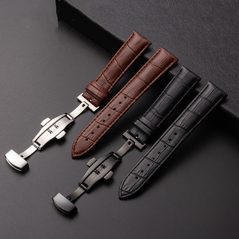 Ventas directas de fábrica correa de cuero de becerro de dos capas doble prensa hebilla de mariposa patrón de bambú hombres y mujeres correa de reloj Accesorios