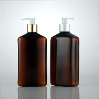 500ml棕扁瓶配金银电化铝开关泵化妆品包装洗发水乳液分装pet空瓶