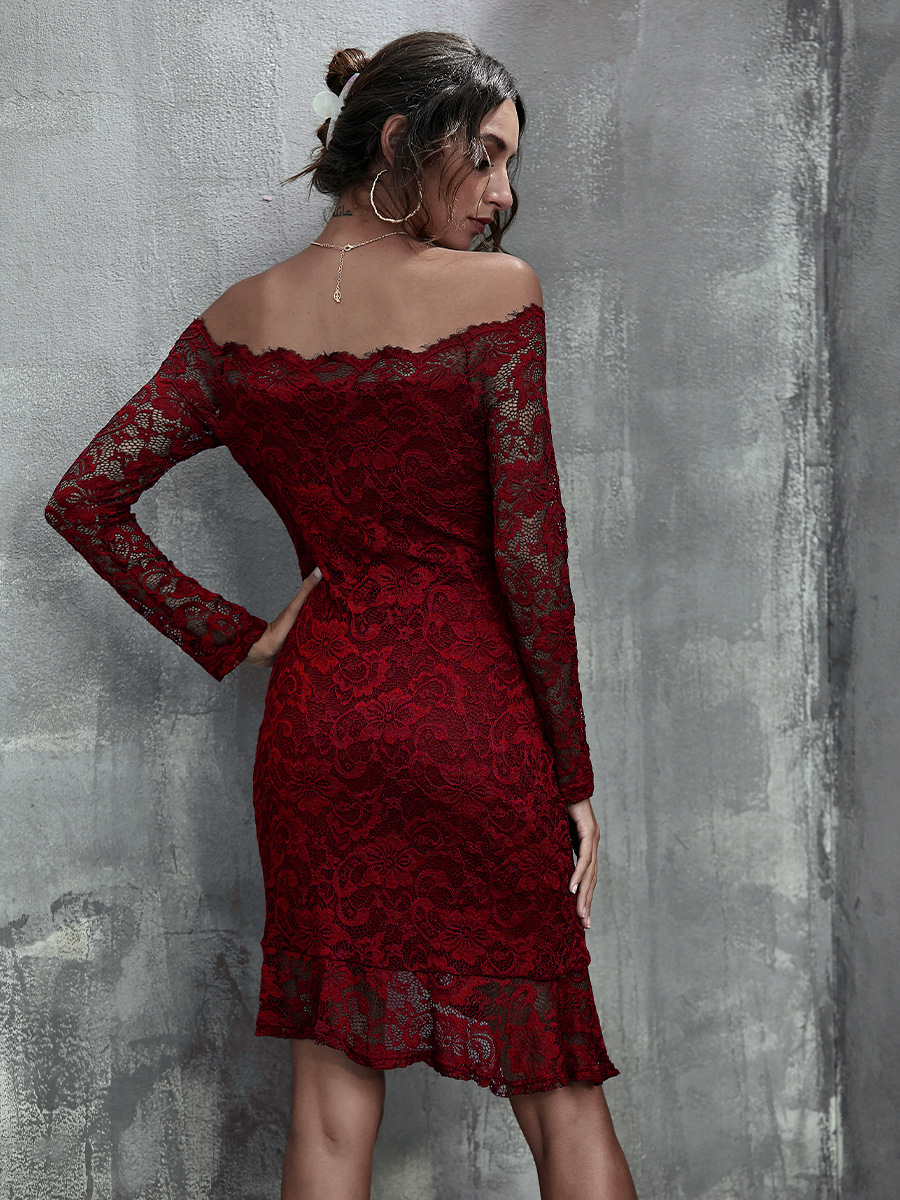 sexy one-shoulder ruffled slim lace wrap hip dress NSAL1919