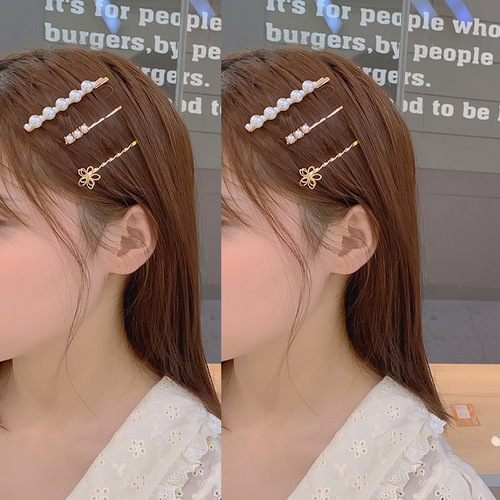 Korean style pearl hairpin Internet celebrity girl side clip one-word hairpin bangs bb clip simple combination headwear
