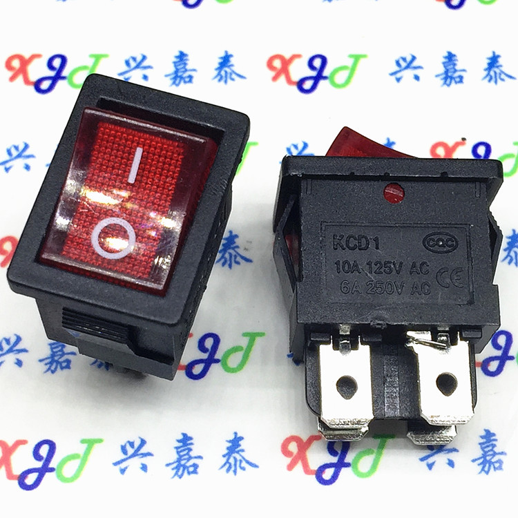 船型开关KCD1-104 红色 4脚2档 带灯 电源开关6A/250V 5只