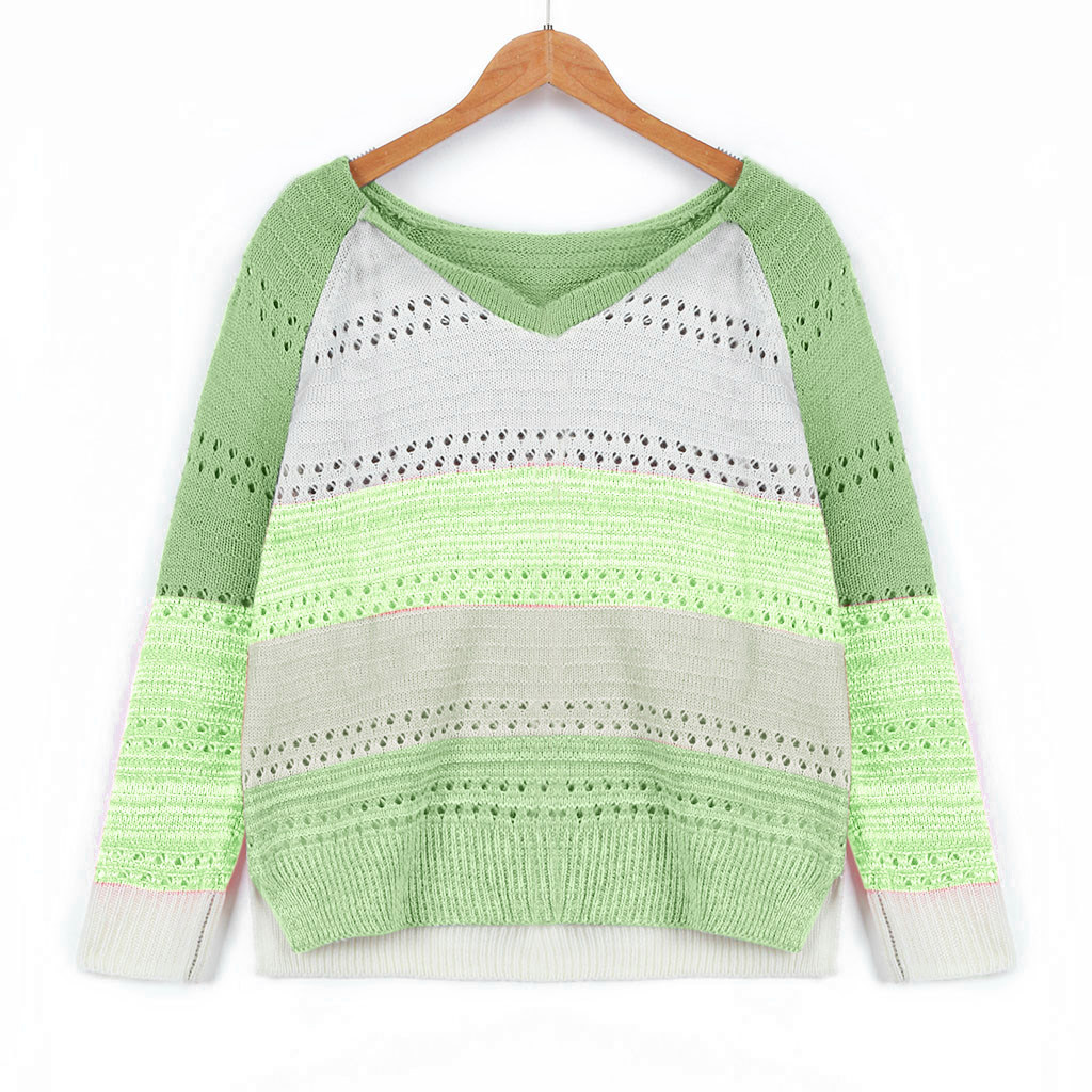V-Neck Long-Sleeved Pullover Color-Blocking Sweater Top NSYF838