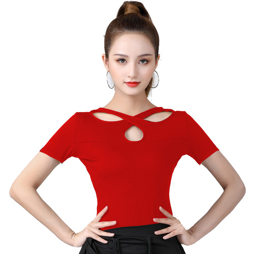 Black red color latin ballroom dance tops for women girls ballroom waltz tango cha cha salsa dance training top shirts short-sleeved blouses top for female