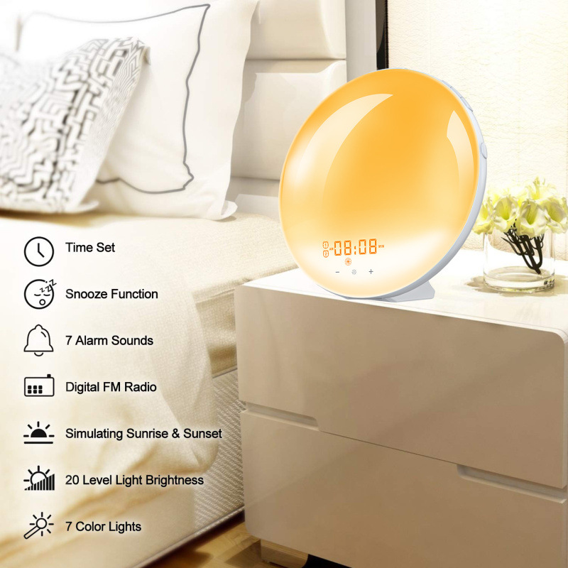 Popular toque colorido despertador simulación de luz Sunrise Sunset hipnosis atmósfera mesita de noche lámpara de enfermería luz de la noche