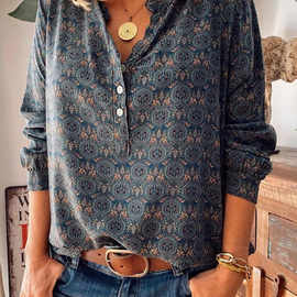 wish速卖通eBay2020春季新款复古印花立领长袖休闲女衬衫上衣