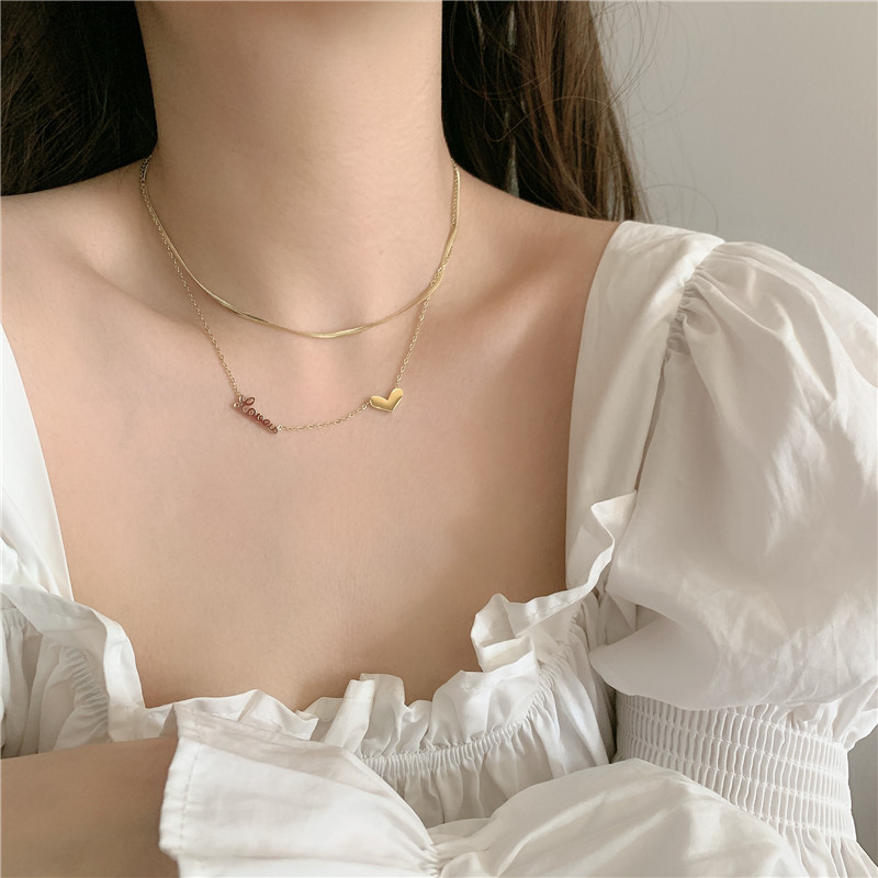 Korean Titanium Steel Gold-plated Double Layered With Love Letters Short Clavicle Chain Necklace Wholesale Nihaojewelry display picture 4