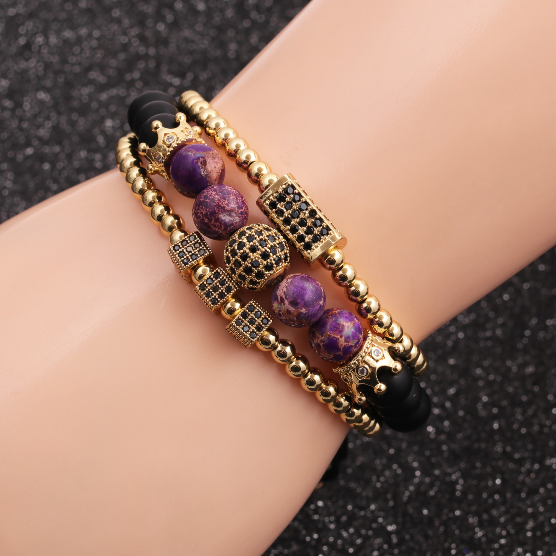 Hot-selling Emperor Stone Crown Diamond Ball Copper Bead Bracelet Set display picture 16