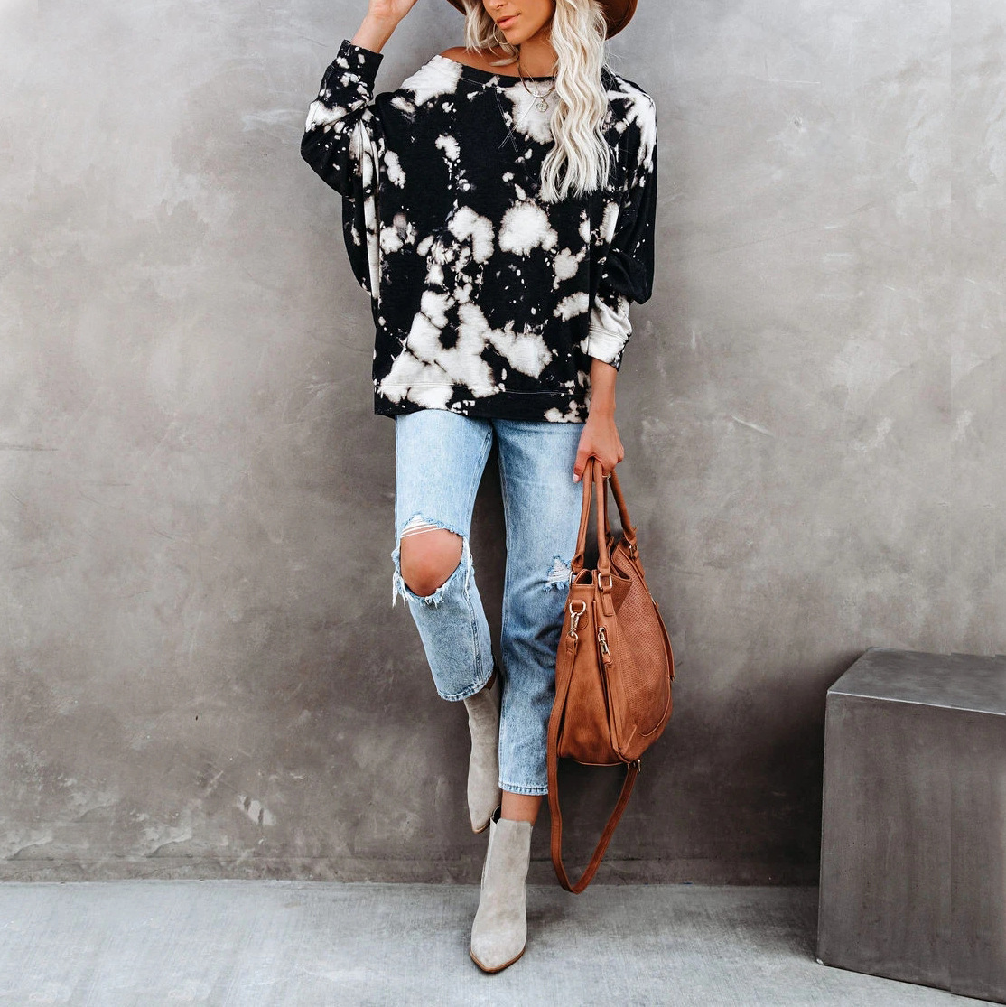 tie-dye printing long-sleeved round neck casual loose top NSKX7781