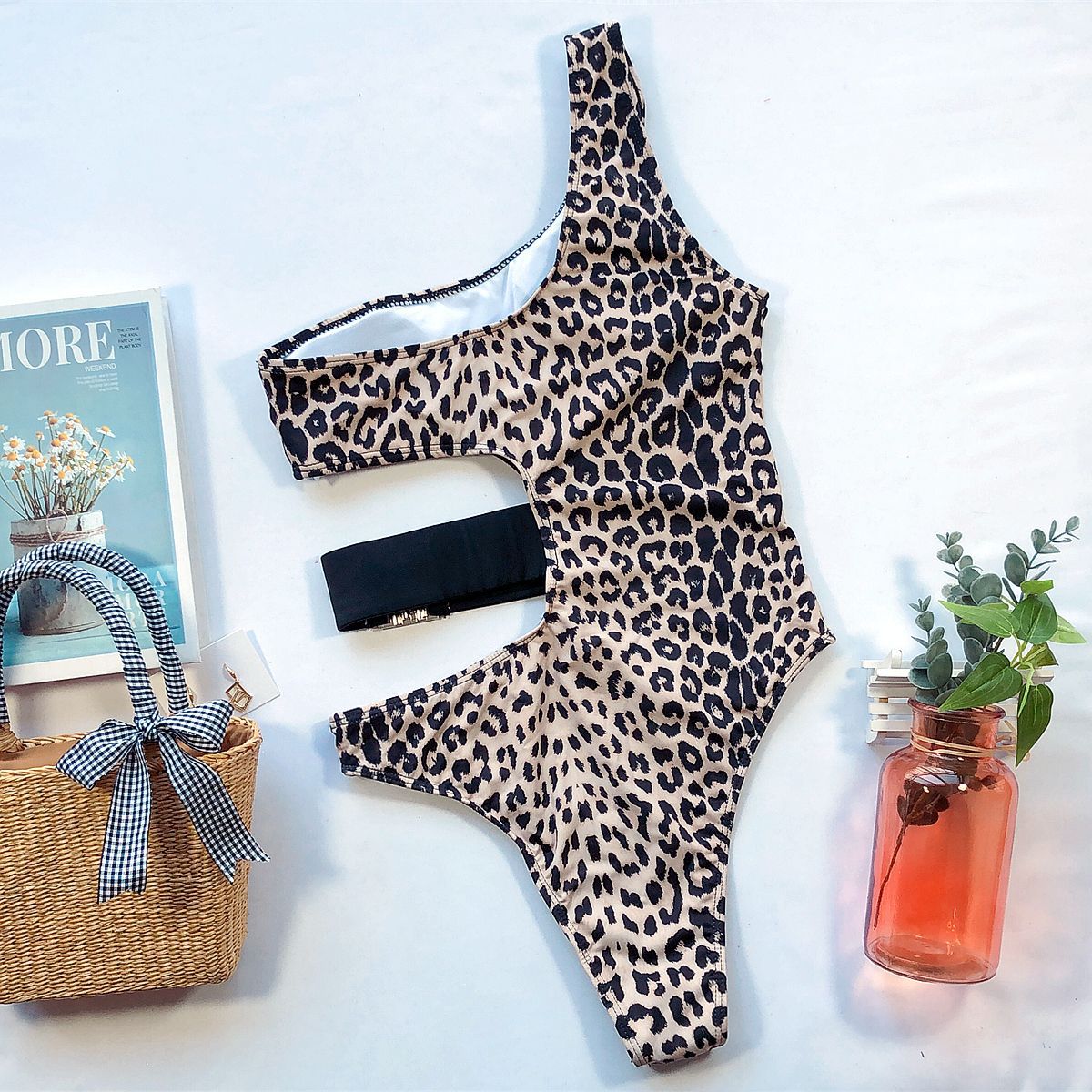 New one-shoulder sexy leopard print one-piece swimsuit NSDA479