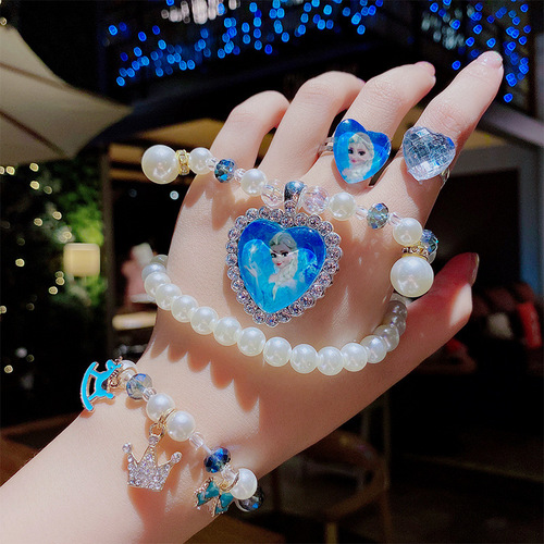 Children's necklace jewelry girl princess cute cartoon ring bracelet set hanging neck luminous crystal beaded jewelry