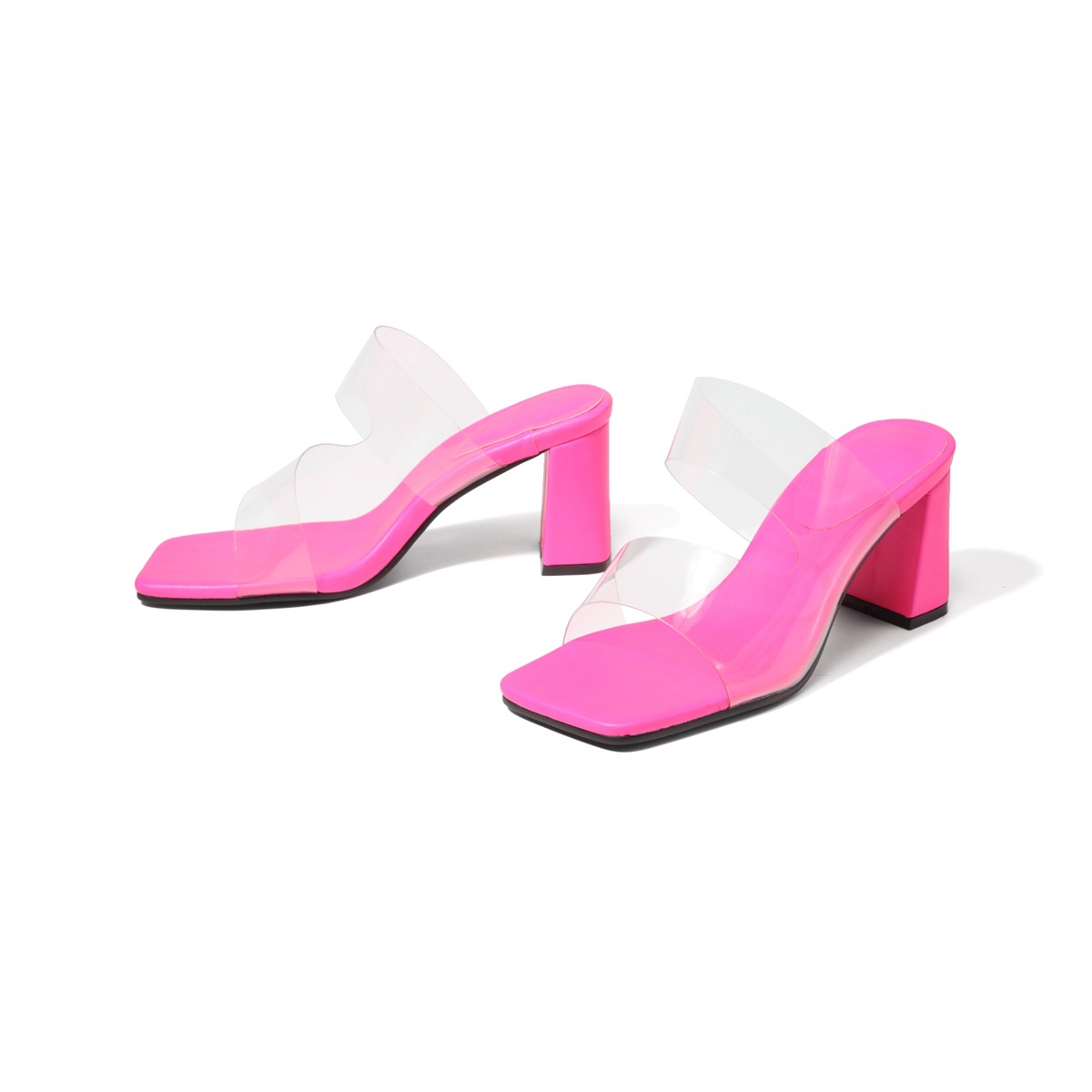 Candy-colored sandals Fashion high heels Transparent PVC flip-flops with high heels and square toe_voghion.com