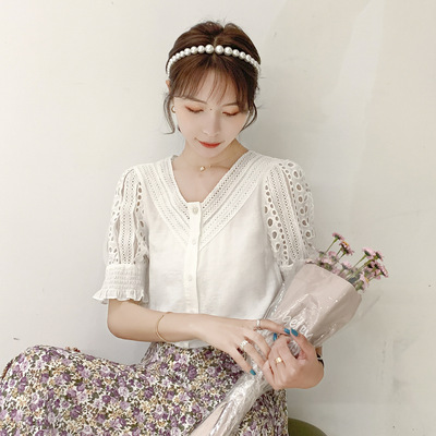 實拍2020夏季新款韓版v領設計感小心機镂空短袖雪紡衫寬松上衣女