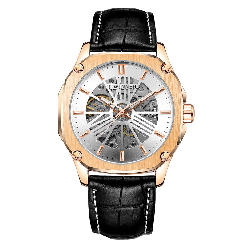 Ganador reloj mecánico automático para hombres moda hueco transparente volante correa de cuero reloj mecánico 8182