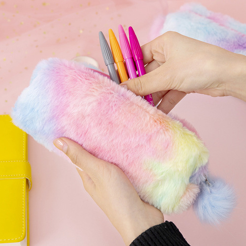 Korean style creative pencil box gradient color cute girl plush octagonal pencil bag girl heart student simple storage bag